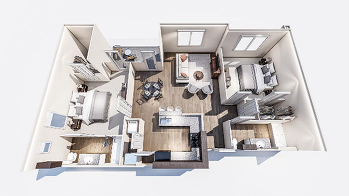 Spacious 3D floor plan of a contemporary 2-bedroom apartment with open-plan kitchen, living room, and two bathrooms.