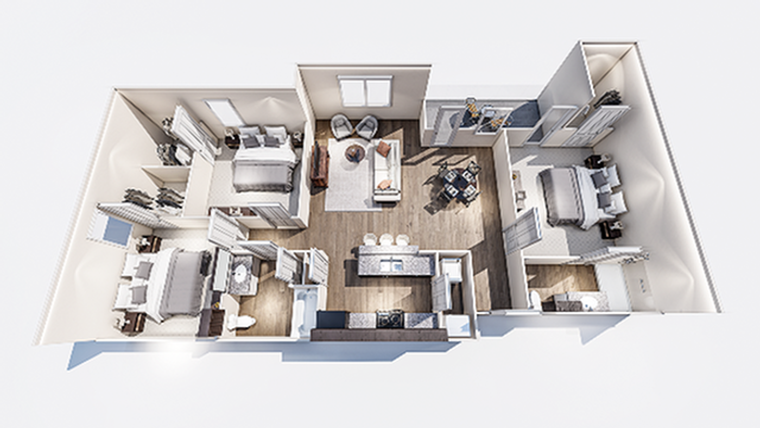 Spacious and elegant 3D apartment floor plan with two bedrooms, cozy living area, modern kitchen, and stylish bathrooms.