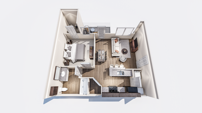 Contemporary one-bedroom apartment floor plan with open living room, kitchen, and bathroom layout.