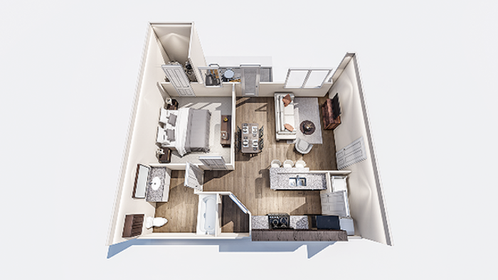 Bright and modern one-bedroom apartment floor plan with open kitchen and spacious living area.
