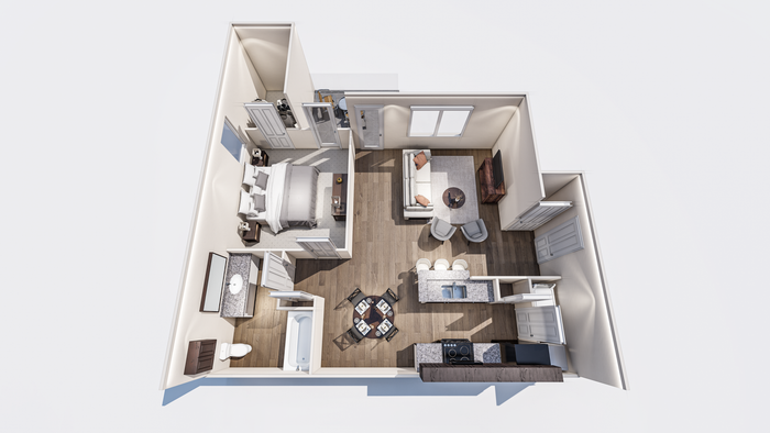 3D floor plan layout of a modern apartment with one bedroom, open living area, and kitchen.