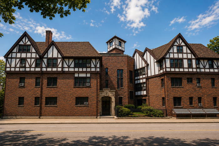 Tudor-style exterior of Schenley Arms Apartments in North Oakland, Pittsburgh
