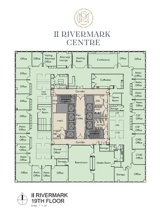 Elegant floor plan of II Rivermark Centre's 19th floor featuring multiple offices, conference rooms, and lounges, designed for optimal business functionality.