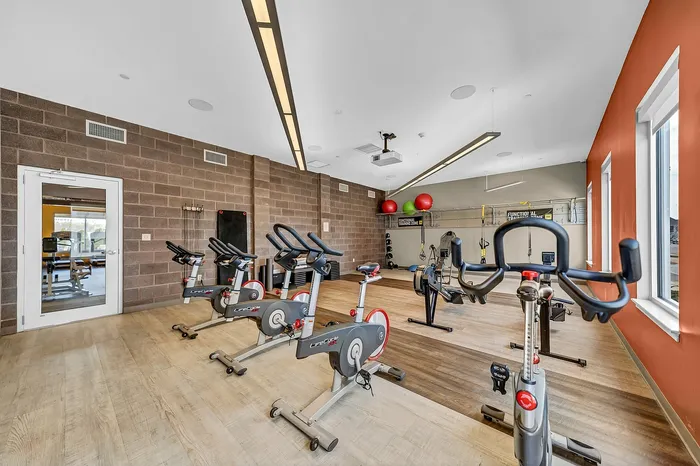 Modern fitness center with state-of-the-art exercise equipment, including exercise bikes and TRX equipment, bright natural lighting, and a vibrant ambiance.