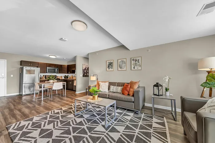 Modern open-concept living room with furniture, vibrant decor, and a cozy kitchen. Stainless steel appliances and wood floors.