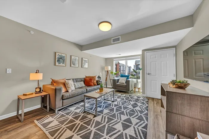 Bright and cozy fully furnished living room with stylish decor, featuring a comfortable sofa, modern furnishings, and large window offering abundant natural light.