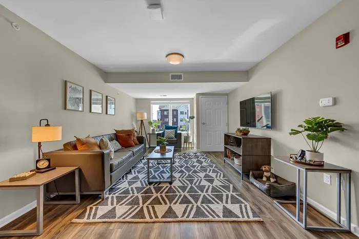 Contemporary living room with chic décor, featuring a comfortable leather sofa, stylish geometric rug, and sleek entertainment center. Fully furnished apartment.
