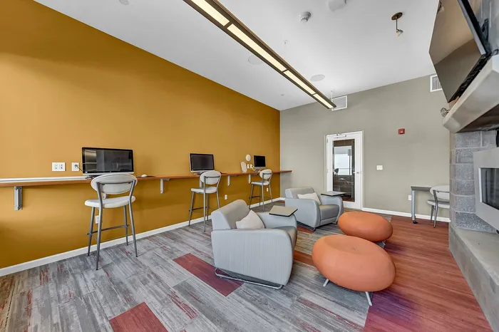 Computer lab with free access to computers, flat screen TV, gas fireplaces, and a cozy study room.