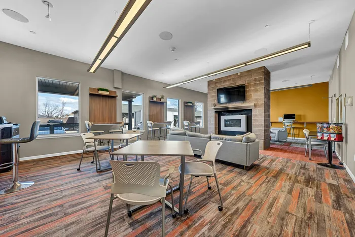 Work and study room with gas fire places, study tables, free computers, and free printing.
