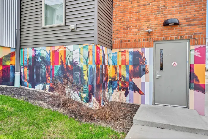 Bright and vibrant mural of buffalo on a modern apartment building exterior, adding a touch of artistic flair to urban living.
