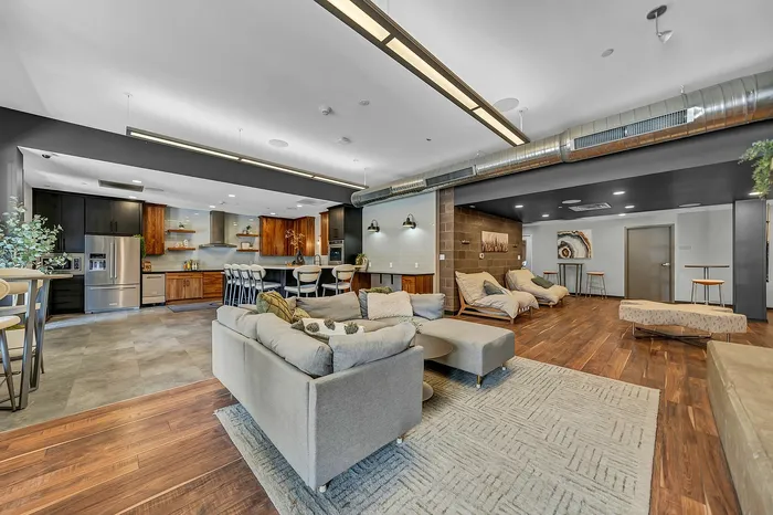 Luxurious open-concept community kitchen area featuring modern stainless steel appliances, gorgeous hardwood, spacious seating with elegant sofas, and chic industrial-style lighting.