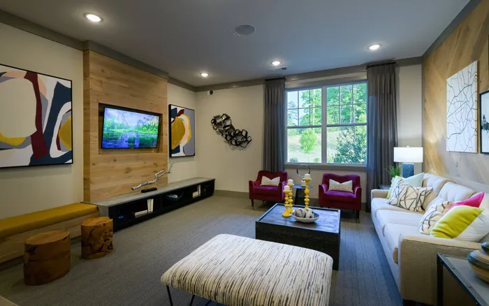 Apartments for Rent in West Athens, GA - Lullwater at Jennings Mill - Media Lounge With Wood Accent Walls, Wall-Mounted Television, Large Window, Plush Seating, And Modern Artwork.