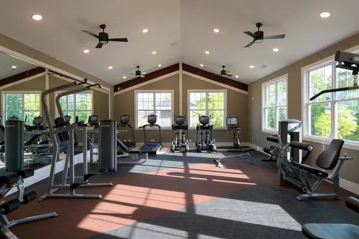 Pet-Friendly Apartments in Athens GA - Lullwater at Jennings Mill - Fitness Center with Large Windows, Floor-to-Ceiling Mirrors, Treadmills, Sit-Up and Pull-Up Machines, Carpeting, and Ceiling Fans
