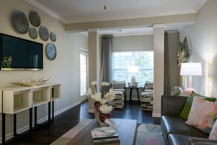Athens, GA Apartments Near University of Georgia - Lullwater At Jennings - Living Room With Crown Molding, Built-In Nook, Mounted TV, Couch, Coffee Table, And Large Windows With Vertical Blinds.