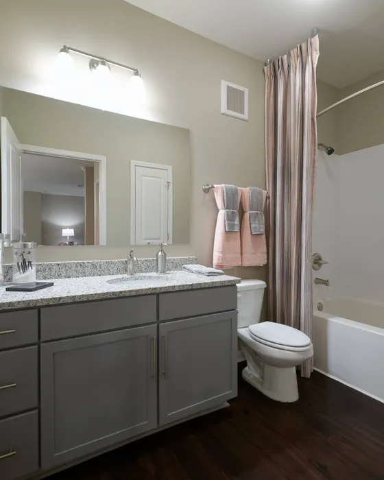3 Bedroom Apartments in Athens, GA - Lullwater At Jennings - Bathroom With Granite Countertop, Gray Shaker Cabinetry, Soaking Tub, A/C Vent, And Light Fixture.