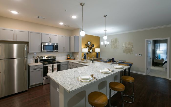 2 BR Apartments in Athen GA - Lullwater at Jennings Mill - Kitchen with Large Granite Countertop and Seating, Stainless Steel Appliances, Gray Shaker Cabinetry, and Overhead Hanging Lights