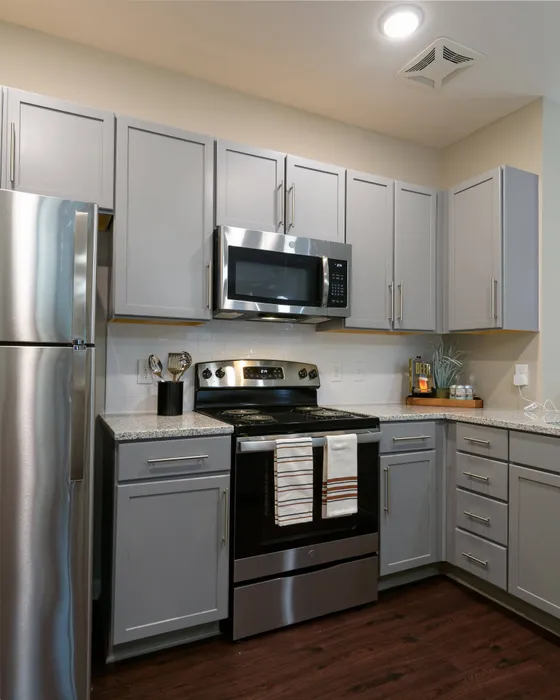 Apartments in Athens, GA for Rent - Lullwater at Jennings Mill - Kitchen With Stainless Steel Appliances, White Subway Tile Backsplash, Granite Countertops, Dark Wood Style Flooring, and Stylish Decor