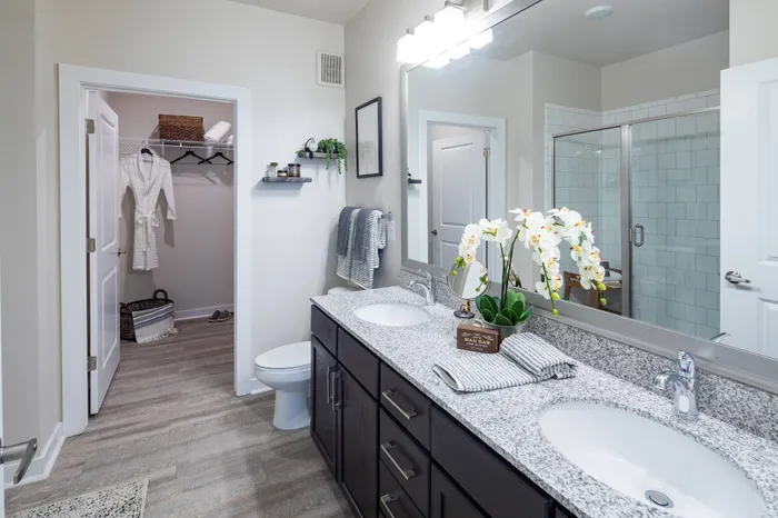 Pet-Friendly Apartments in Gainesville, GA - The Mill at New Holland - Bathroom with Wood-Style Plank Flooring, Dual Sinks, Granite Countertop, Large Vanity Mirror, and Connected Large Closet.