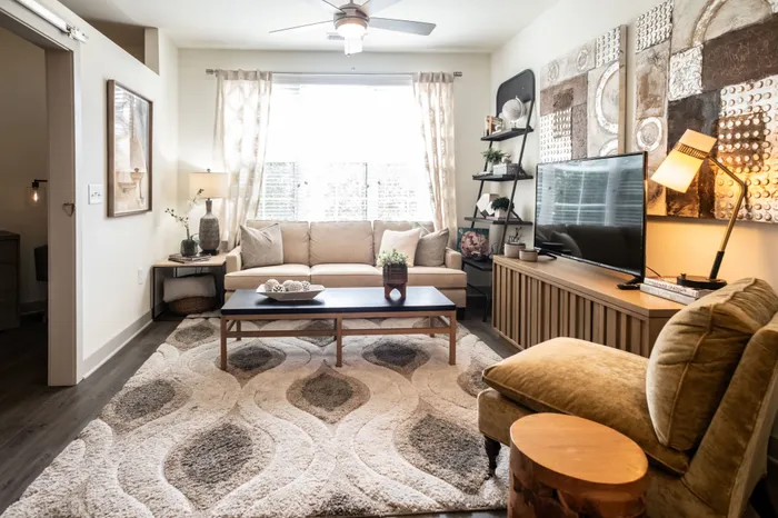 Birmingham, AL Apartments Near Forest Park - Park 35 on Clairmont - Furnished Living Room with Vinyl-Wood-Style Flooring, Plush Carpet in Neutral Colors, White Sofa, Tan Chair, Wooden Coffee Table, Side Tables, and Storage Cabinet and TV Stand, TV, Storage Rack Shelving, Lamps, Ceiling Fan, and a Large Window
