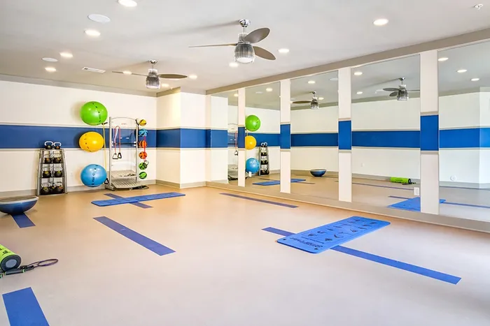 Yoga studio with large mirror and mats