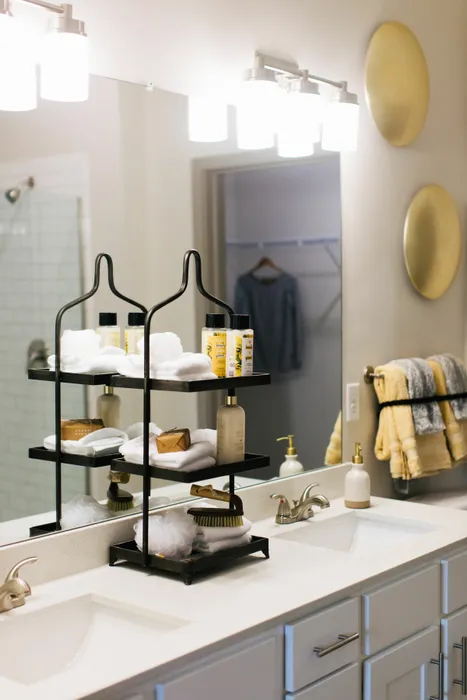 Dual sink vanity in apartment bathroom