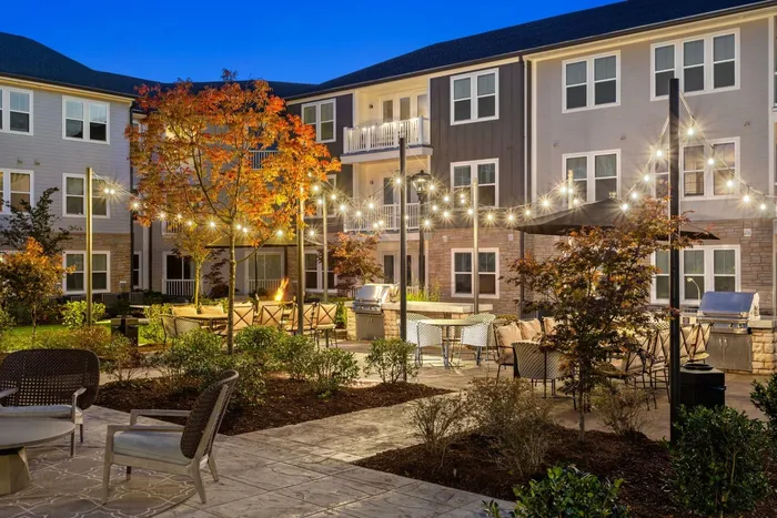 Studios in Matthews, NC - Chestnut Farm - Courtyard with Outdoor Pavilion, Gas Grills, a Dining Area, Hanging Lights, and Beautiful Landscaping