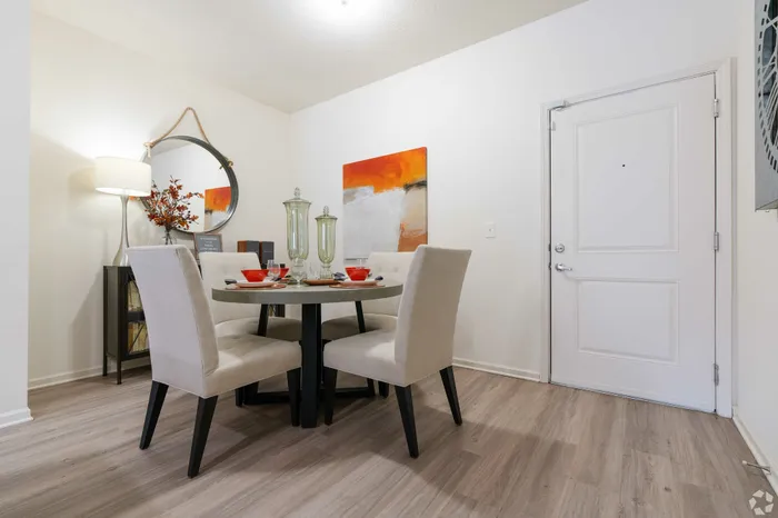Stylish dining area with modern decor and cozy ambiance.