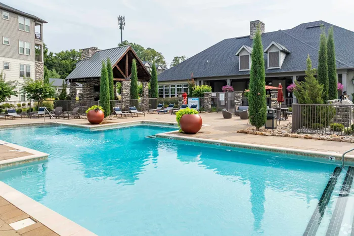 Inviting apartment complex pool surrounded by lush greenery and elegant seating area.