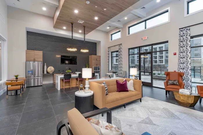 Modern lounge area showcasing chic decor, plush seating, and a stylish kitchen with sleek appliances.