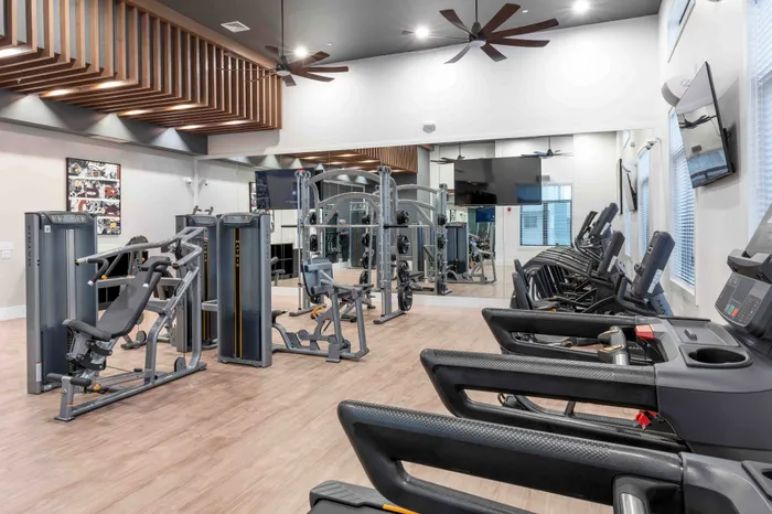 Modern fitness center with state-of-the-art gym equipment, bright lighting, and sleek interior design.
