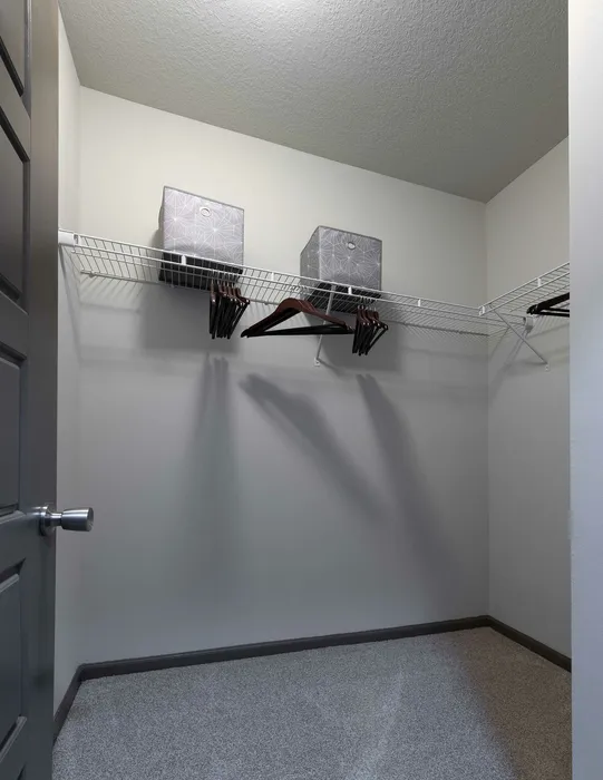Spacious walk-in closet with sleek shelving and elegant storage bins, offering ample organization space.