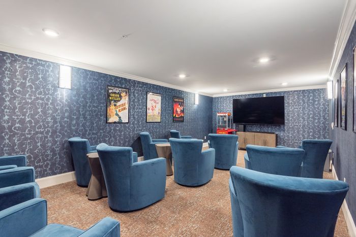 Luxurious home theater room with plush blue seating, elegant vintage movie posters, and a large flat-screen TV for an immersive viewing experience.
