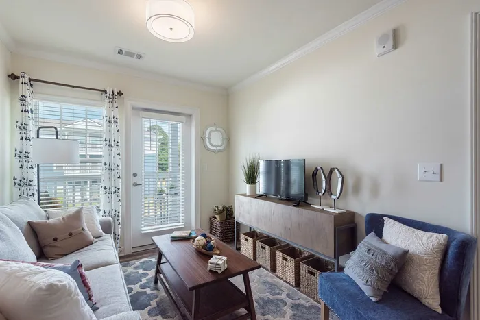 Inviting living room with a cozy couch, chic decor, and abundant natural light from a windowed door leading to a balcony.