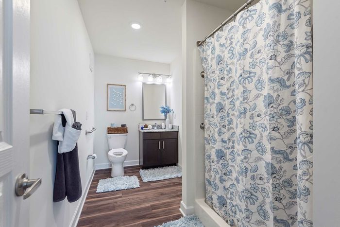 Elegant bathroom with floral shower curtain, modern vanity, and cozy décor.