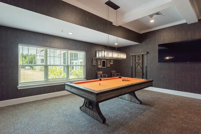 Luxurious entertainment room with a sleek orange-felt pool table, elegant lighting, and a large window offering natural sunlight.