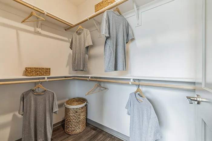 Spacious, modern walk-in closet with ample hanging space, sleek design, and stylish storage accents.