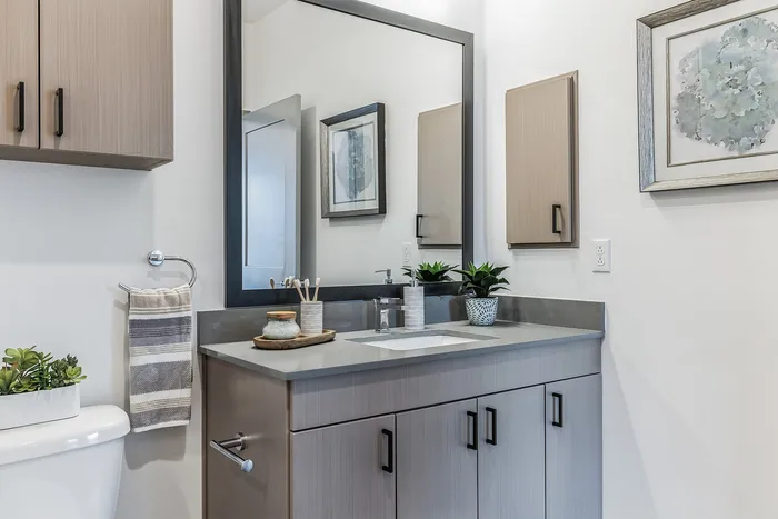 Elegant bathroom with modern cabinetry, sleek gray countertop, large framed mirror, and stylish decor elements.