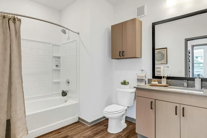 Elegant bathroom with modern amenities, featuring a sleek vanity, large mirror, and stylish bathtub with a curved shower curtain rod.