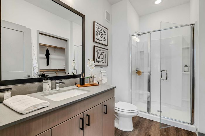 Contemporary bathroom with sleek vanity, elegant shower, and modern artwork, accentuated by warm wood flooring.