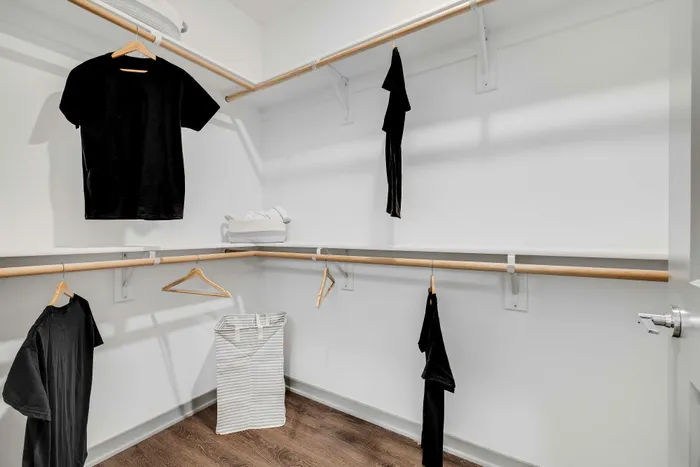 Spacious walk-in closet with elegant wood flooring, showcasing organized hanging space and modern storage solutions.