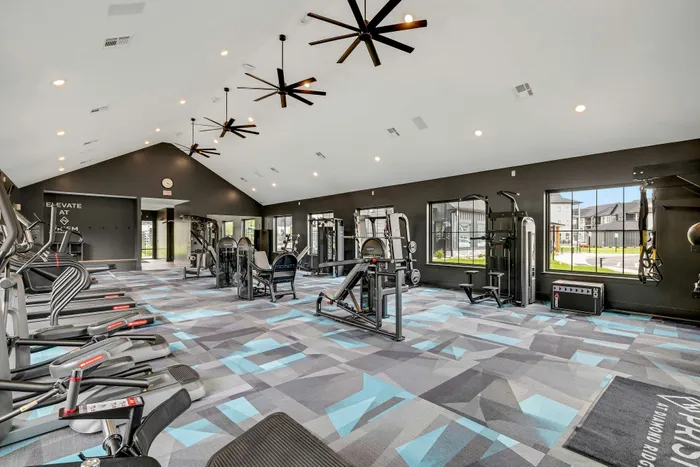 Modern fitness center with sleek design, featuring state-of-the-art gym equipment, vibrant geometric flooring, and large windows for natural light.
