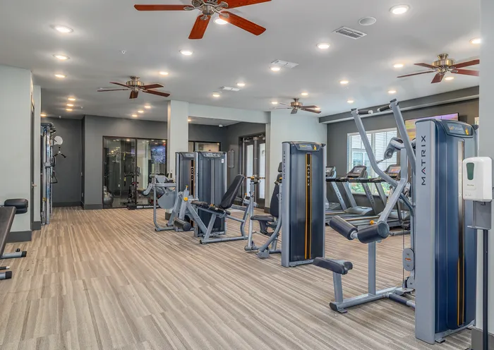 Contemporary apartment gym with modern exercise equipment, sleek design, and ample natural light.