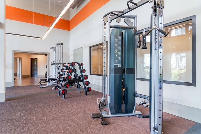 Modern gym facility featuring state-of-the-art exercise equipment and vibrant interior design.