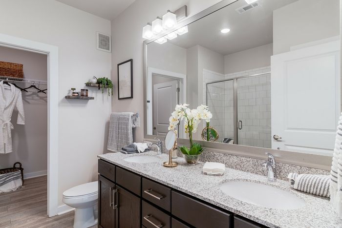 Modern bathroom with sleek double vanity, elegant granite countertops, and a stylish glass-enclosed shower. Spacious walk-in closet and chic decor featuring fresh greenery.