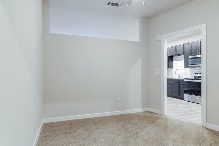 Bright and cozy living area with plush carpet, leading into a modern kitchen featuring sleek dark cabinets and stainless steel appliances.