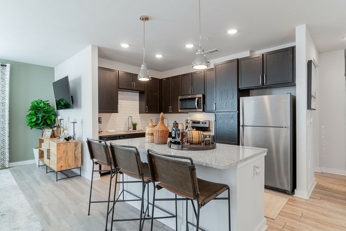 Modern kitchen with sleek dark cabinets, stainless steel appliances, and chic breakfast bar seating, perfect for entertaining.