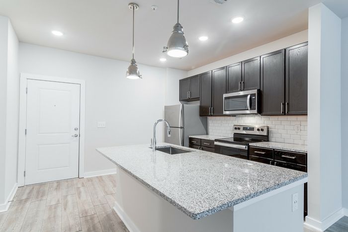Modern kitchen with sleek granite countertops, stainless steel appliances, and elegant dark wood cabinetry.