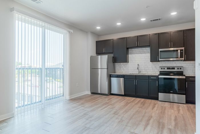 Modern kitchen with sleek dark cabinetry, stainless steel appliances, and bright natural light through large sliding doors.