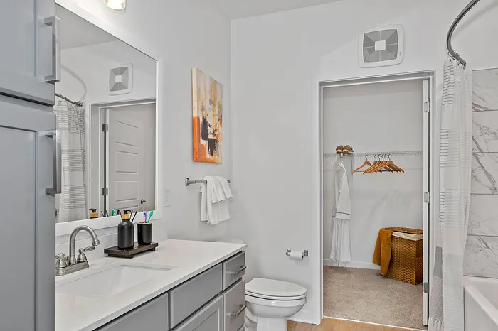Modern bathroom with elegant vanity, sleek fixtures, and spacious walk-in closet, enhanced by chic artwork and stylish decor.