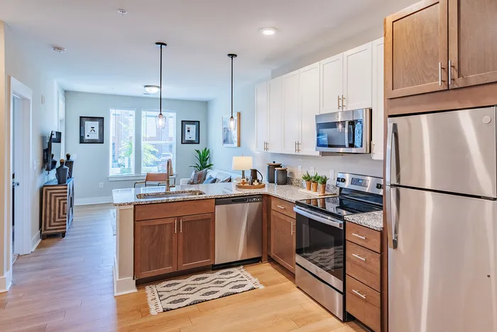Modern apartment kitchen with sleek stainless steel appliances, elegant wood cabinetry, and a cozy open-concept living area.